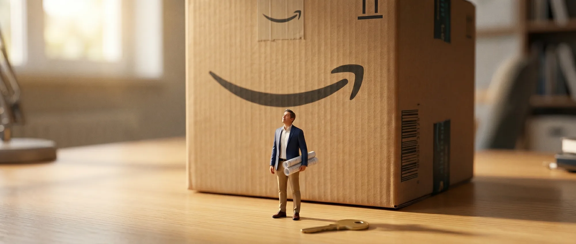 Miniature brand owner standing in front of a giant Amazon box, looking up at the gate.