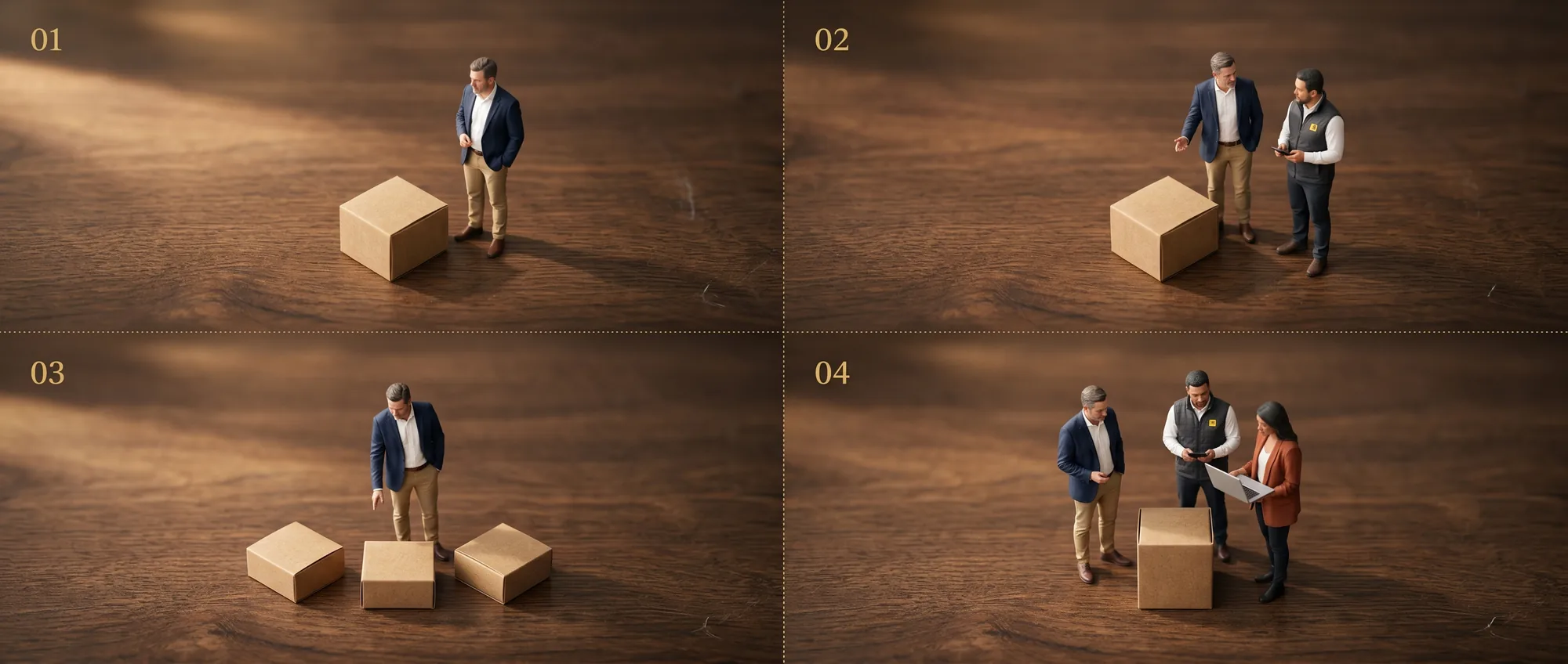 Four miniature stagings showing the setup configurations the case studies illustrate.