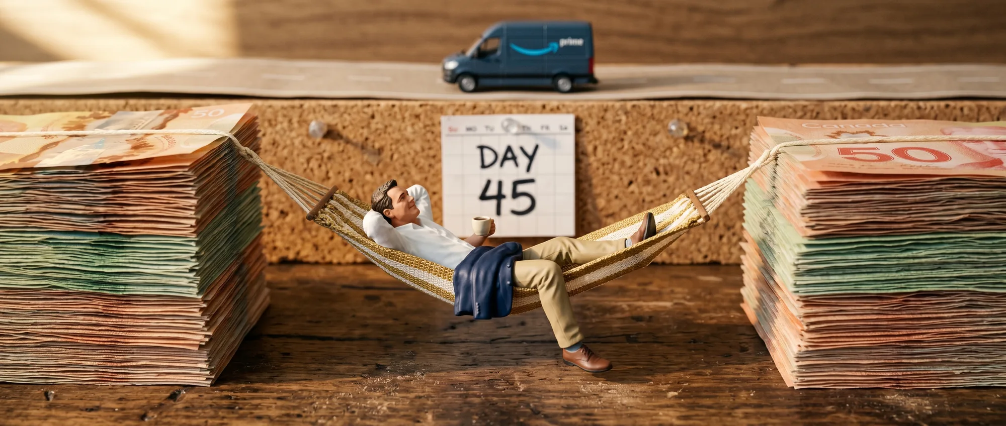 Miniature brand owner in a hammock — the structural calm that comes from clean protections plus Net 45 wholesale economics.
