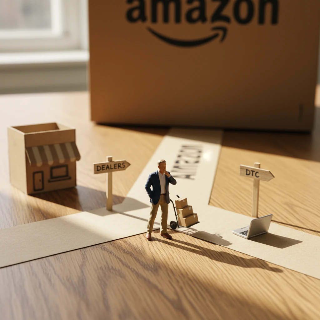 Miniature brand owner standing at a three-way wooden crossroads carved into a tabletop, signposts reading DEALERS, DTC, and AMAZON.