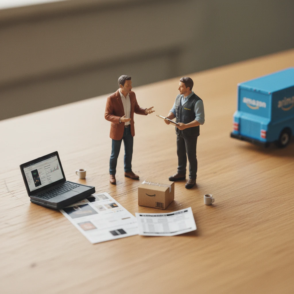Miniature collaborative scene — the team working alongside brand-side and partner-side counterparts.