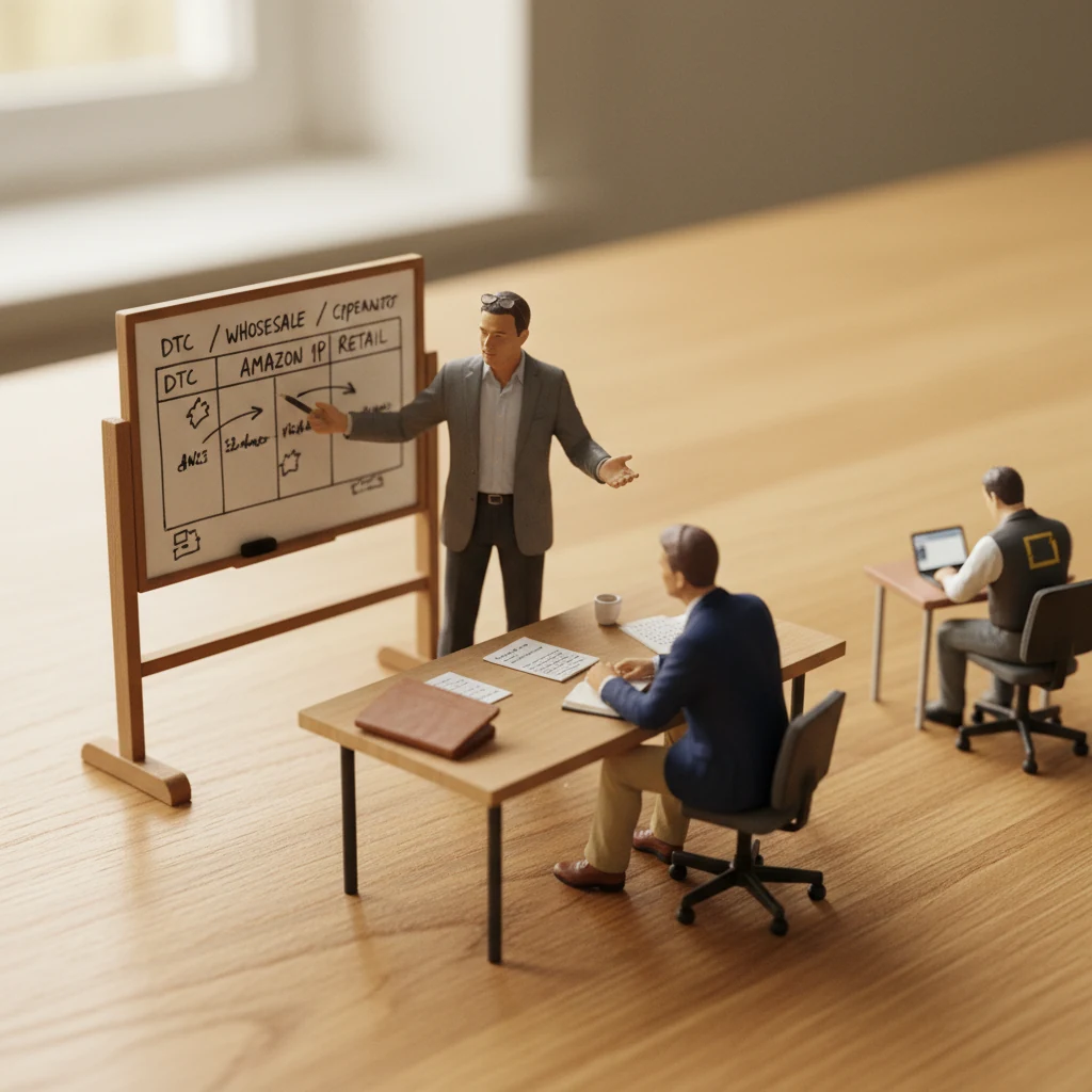 Miniature brand consultant at a whiteboard explaining a four-column channel strategy diagram to a brand owner client — VendorSprout business card peripheral on the table as the back-pocket capability.