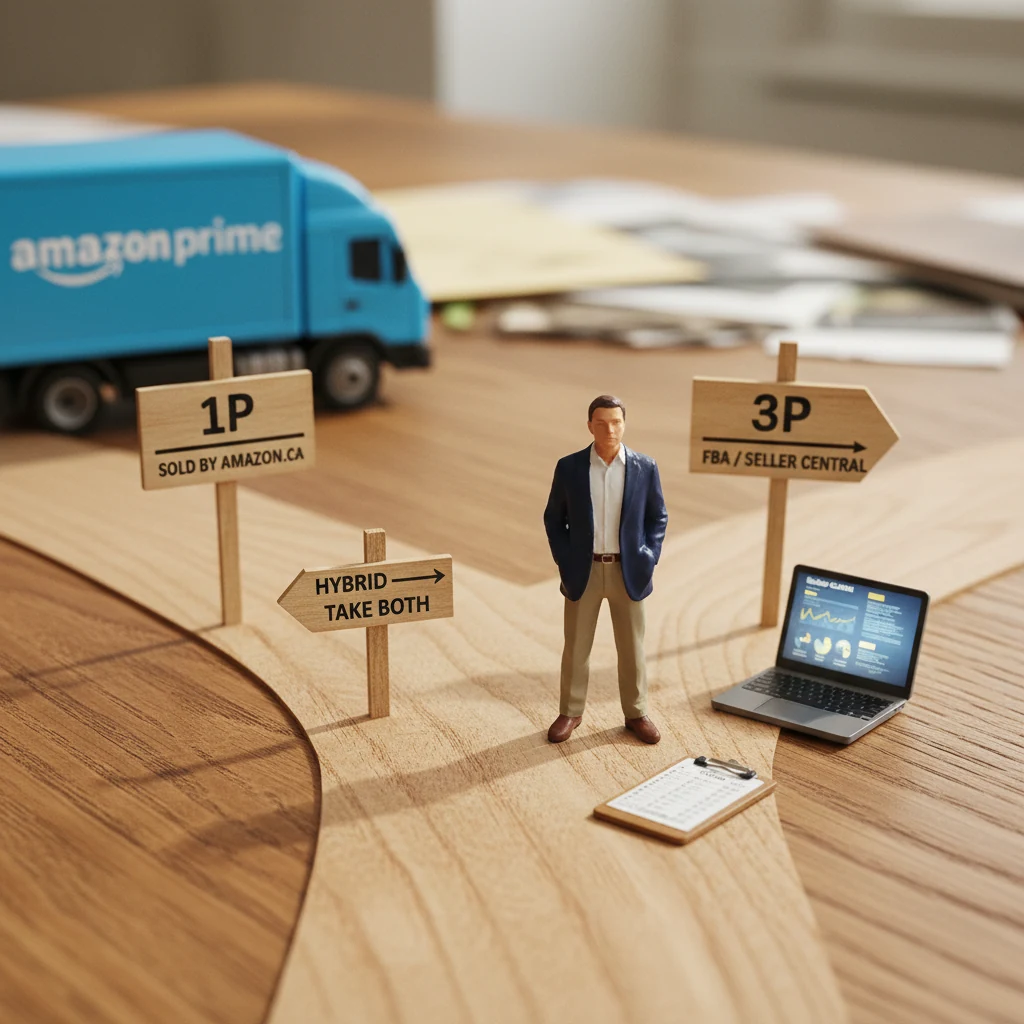 Miniature brand owner at a fork in a wood-grain road, two signposts reading 1P and 3P, smaller HYBRID signpost between them pointing both ways.
