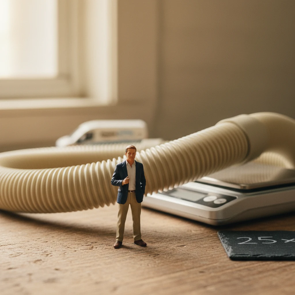 Miniature brand owner with a giant bulky vacuum component on a scale and an Amazon delivery van — the bulky-product rescue from FBA's size-based fees.
