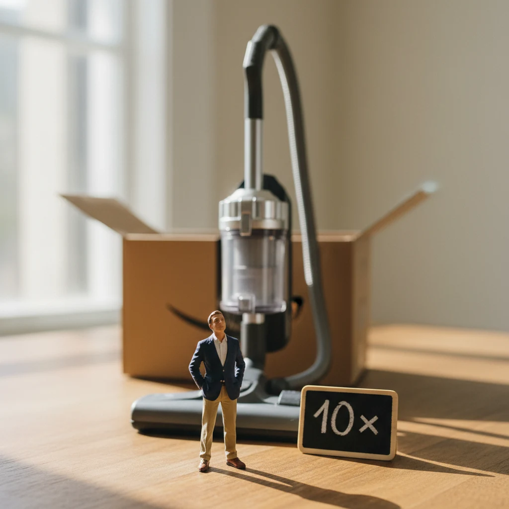 Miniature brand owner standing before his giant hero vacuum, with a chalk '10×' marker — the single-bestseller channel switch that drove VPC's outcome.