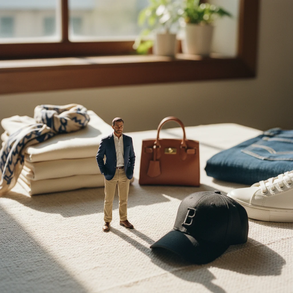 Miniature brand owner on woven fabric with a giant folded t-shirt stack, cap, handbag, scarf, jeans — apparel at scale.