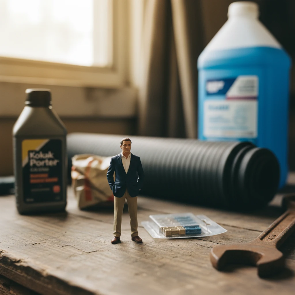 Miniature brand owner with a giant motor oil bottle, oil filter box, floor mat, wrench — automotive accessories at scale.