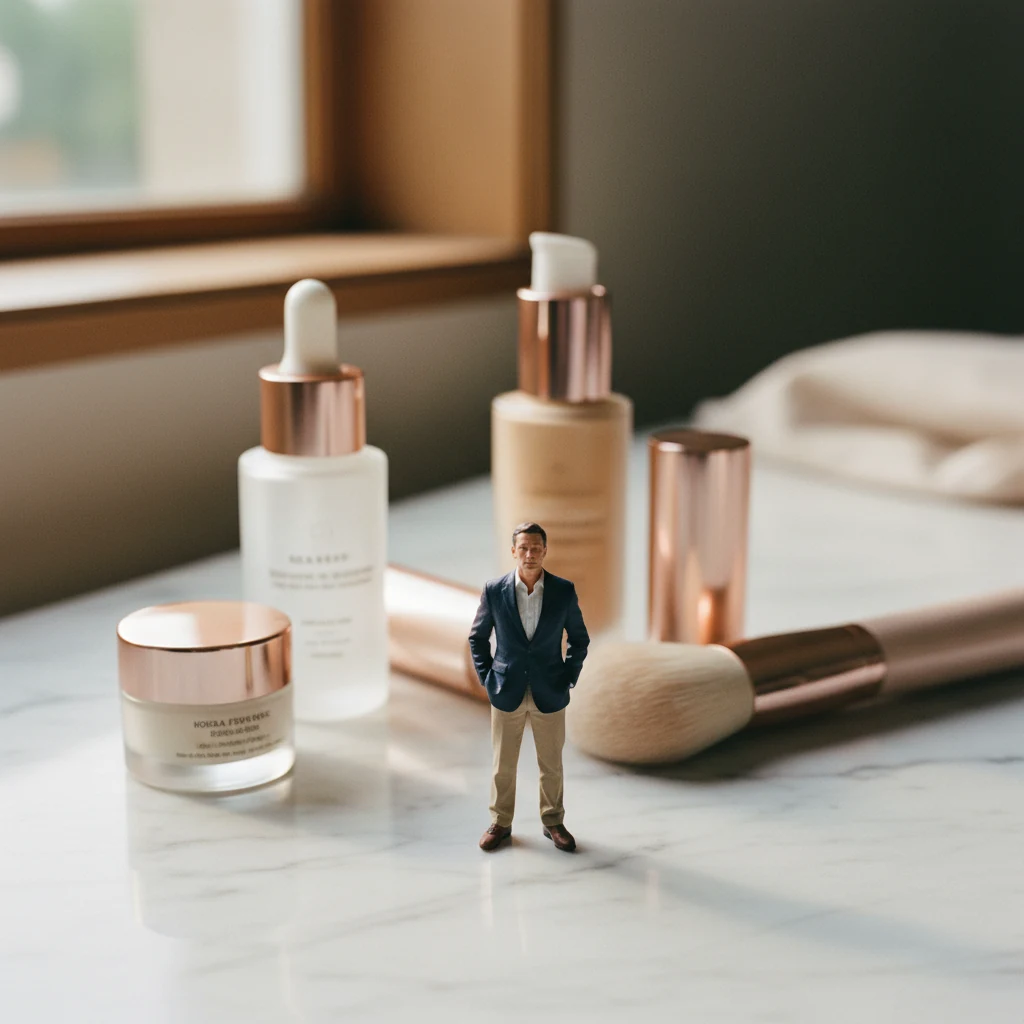 Miniature brand owner on a marble vanity surrounded by serum droppers, a giant lipstick tube, a cream jar — beauty products at scale.