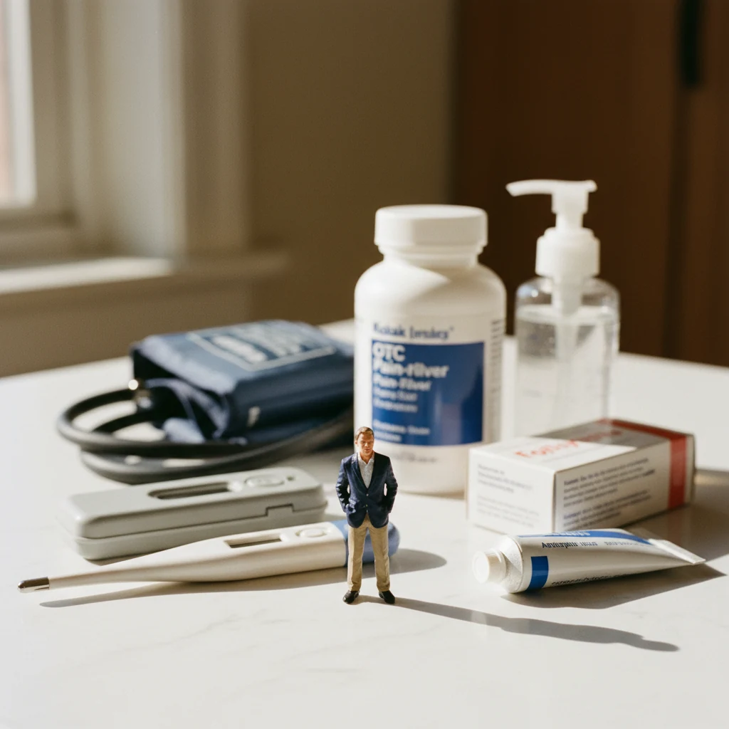 Miniature brand owner on a clean surface with a giant thermometer, blood-pressure cuff, OTC pain reliever, bandage box — health products at scale.
