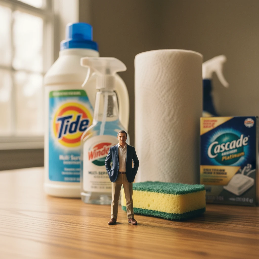 Miniature brand owner with a giant laundry detergent jug, spray cleaner, paper-towel column, dish-tab box — household products at scale.