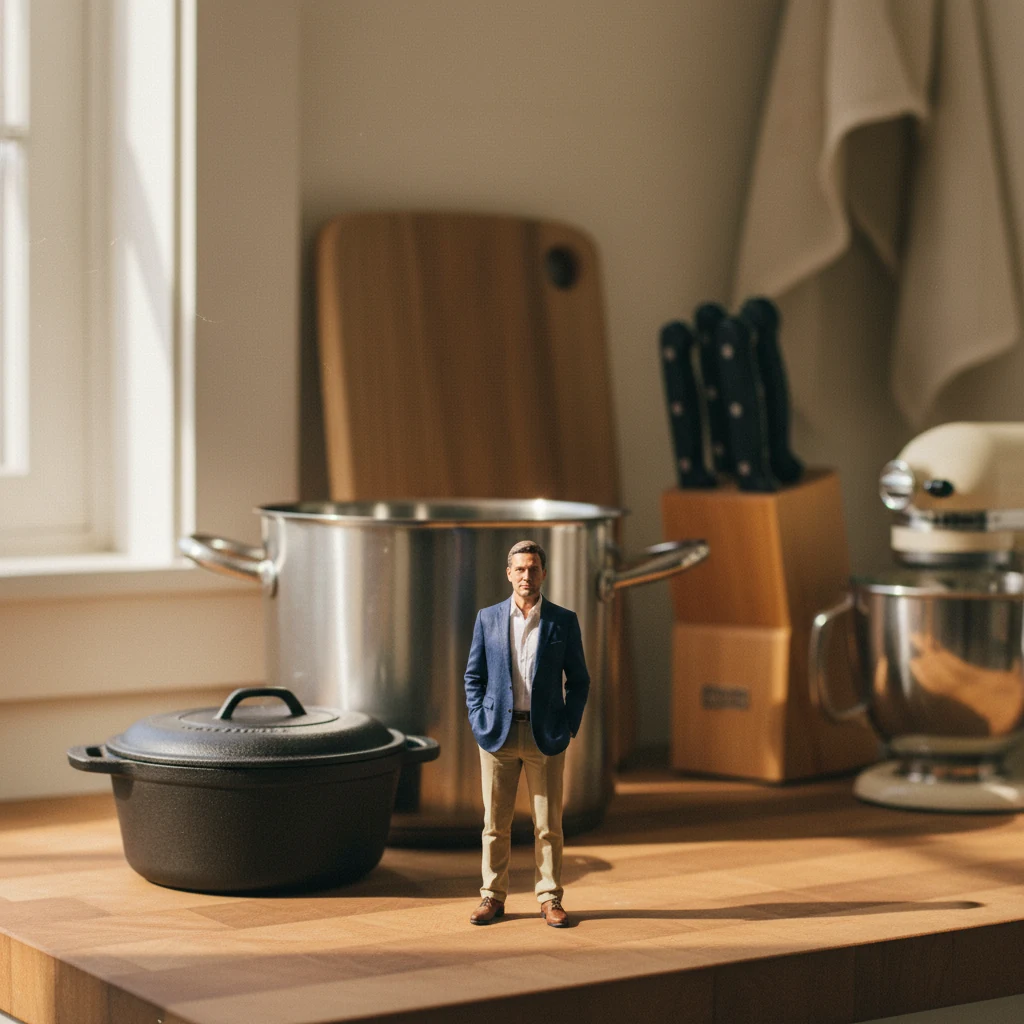 Miniature brand owner on a butcher-block counter with a giant Dutch oven, stockpot, cutting board, knife block, stand mixer — kitchen at scale.