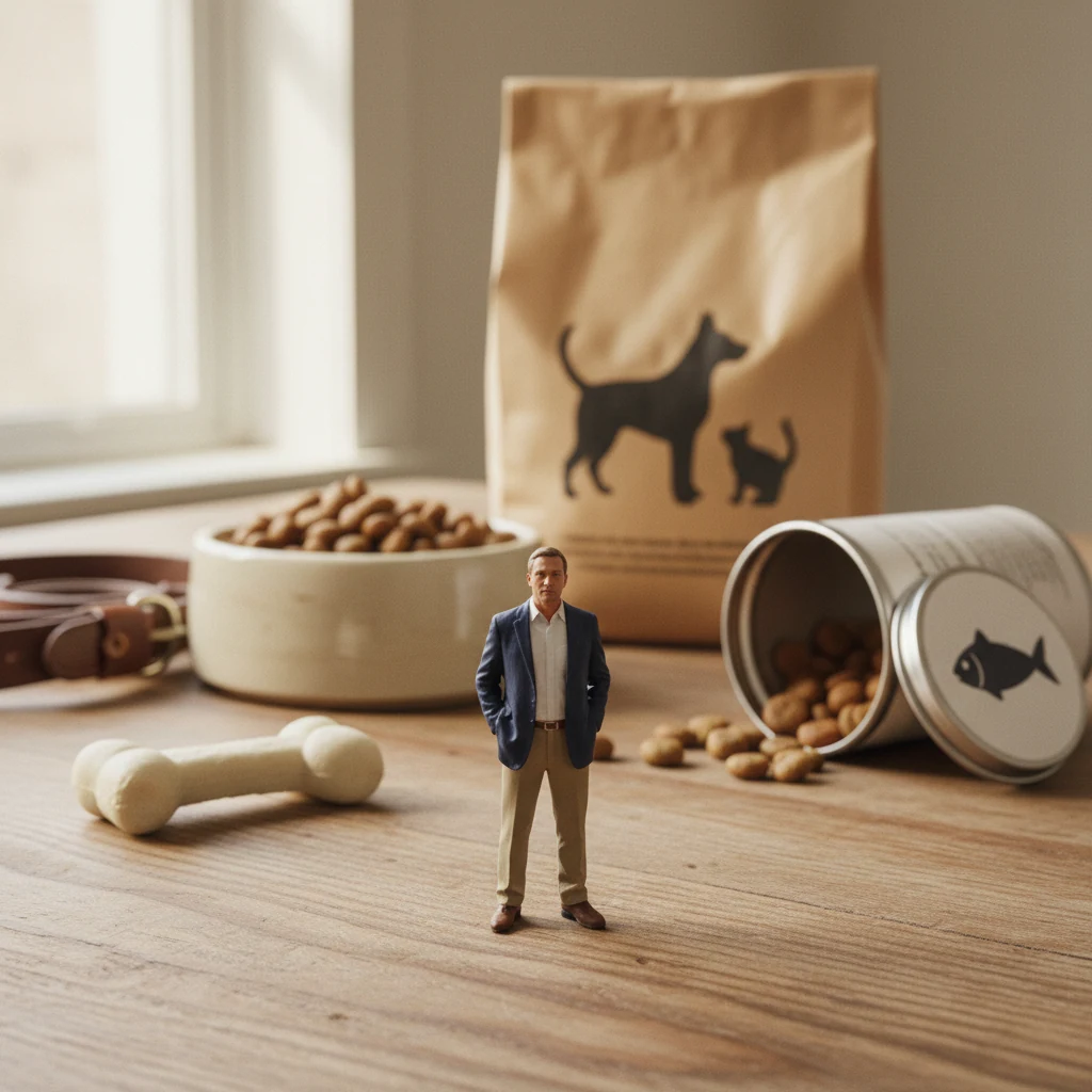 Miniature brand owner with a giant kraft-paper bag of pet kibble, ceramic bowl, leash, and chew toy.
