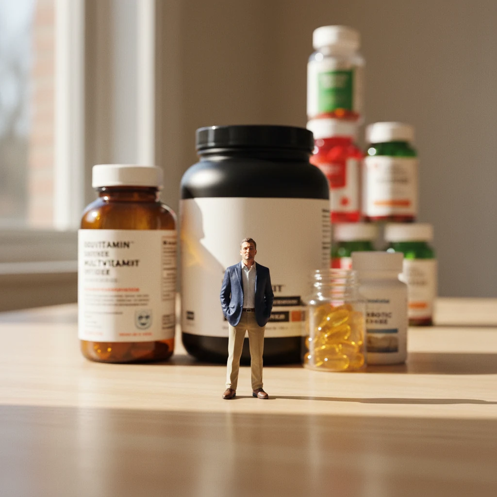 Miniature brand owner among real-scale multivitamin bottles, a protein-powder tub, fish-oil softgels — the supplement shelf at scale.