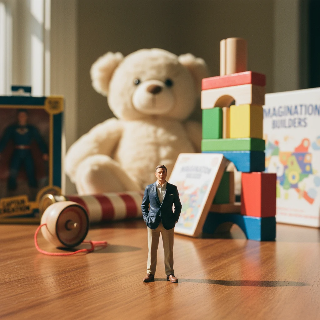 Miniature brand owner among giant building blocks, board game box, plush teddy bear, action figure box — toys at scale.